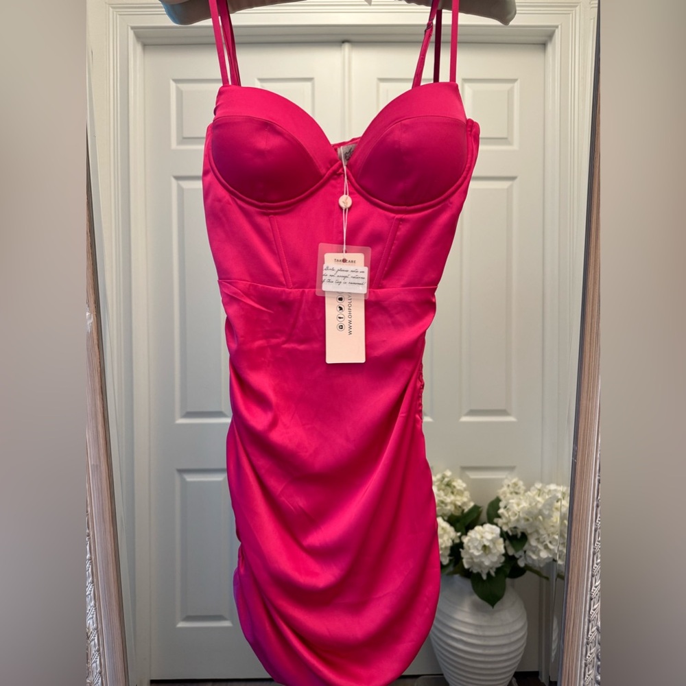 Oh Polly - Size 2 - Ruched Asymmetric Satin Mini Dress in Fuchsia/Pink - HOCO